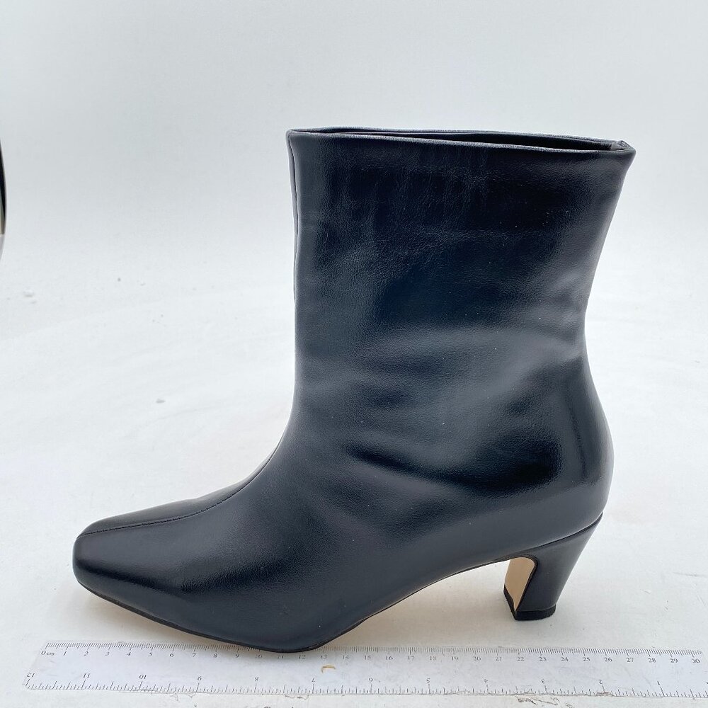 Black Square Toe Comfort Kitten Heel Ankle Boot Pull On Bootie Dressy Shoes